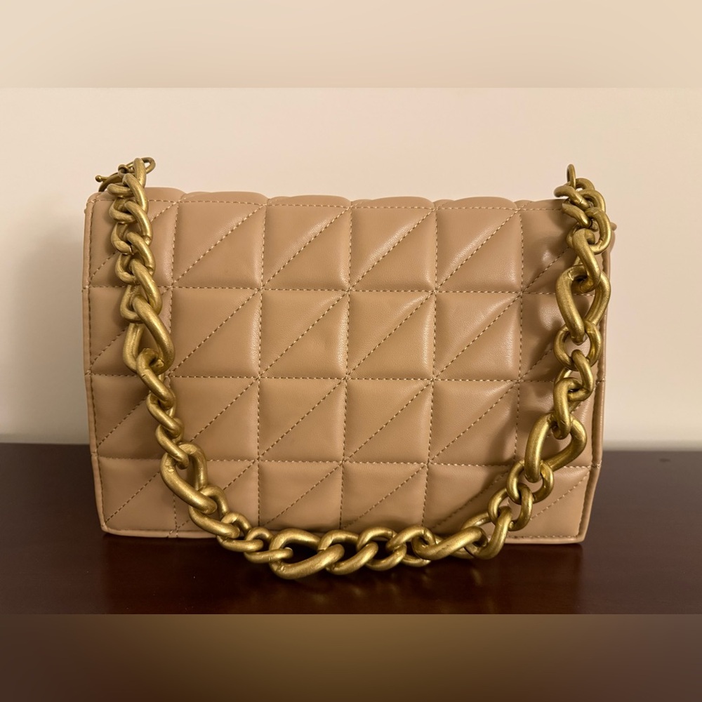 Zara Tan Quilted Shoulder Bag with Gold Chain